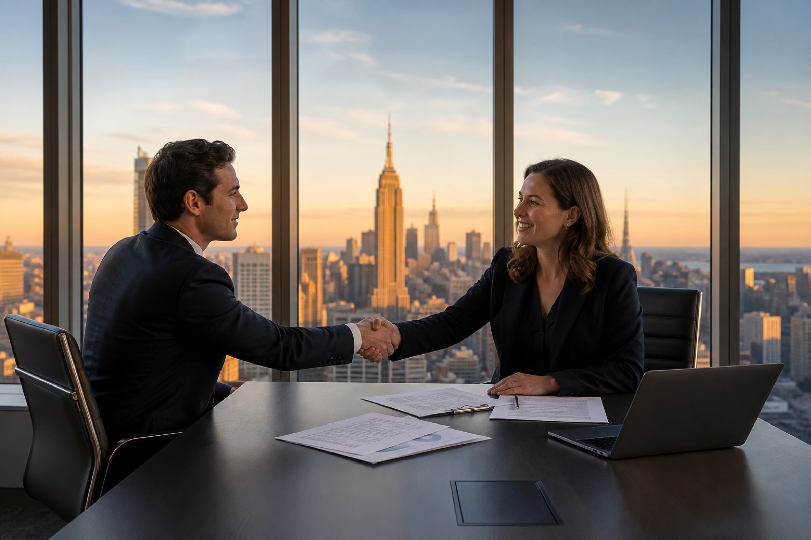Business broker and client shaking hands in a Manhattan office with the skyline at sunset