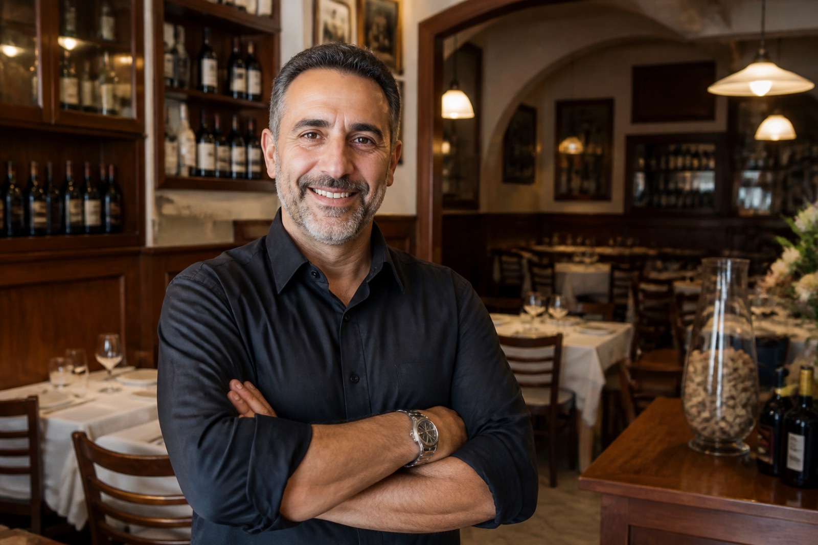 Proud trattoria owner standing in the dining room of his New York restaurant